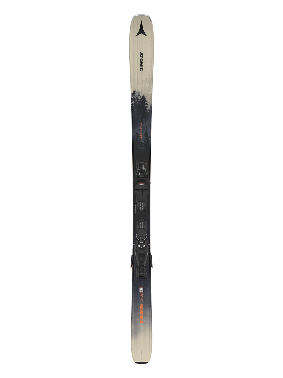 men's Atomic Maverick 84 skis, black tree graphic, off white background, black bindings