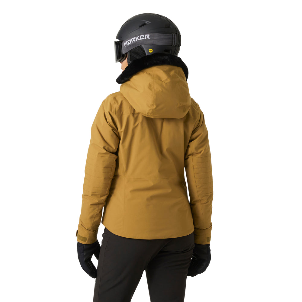 women's Helly Hansen Valdisere ski jacket, yellowish gold with black faux fur removable hood