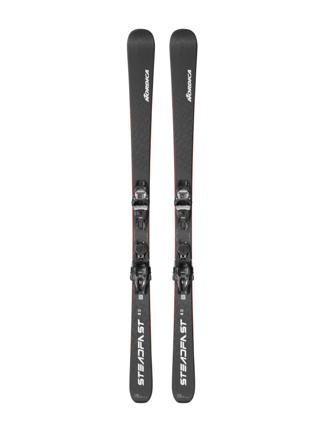 men's Nordica Steadfast 80 skis with bindings. Black skis with white lettering, black bindings