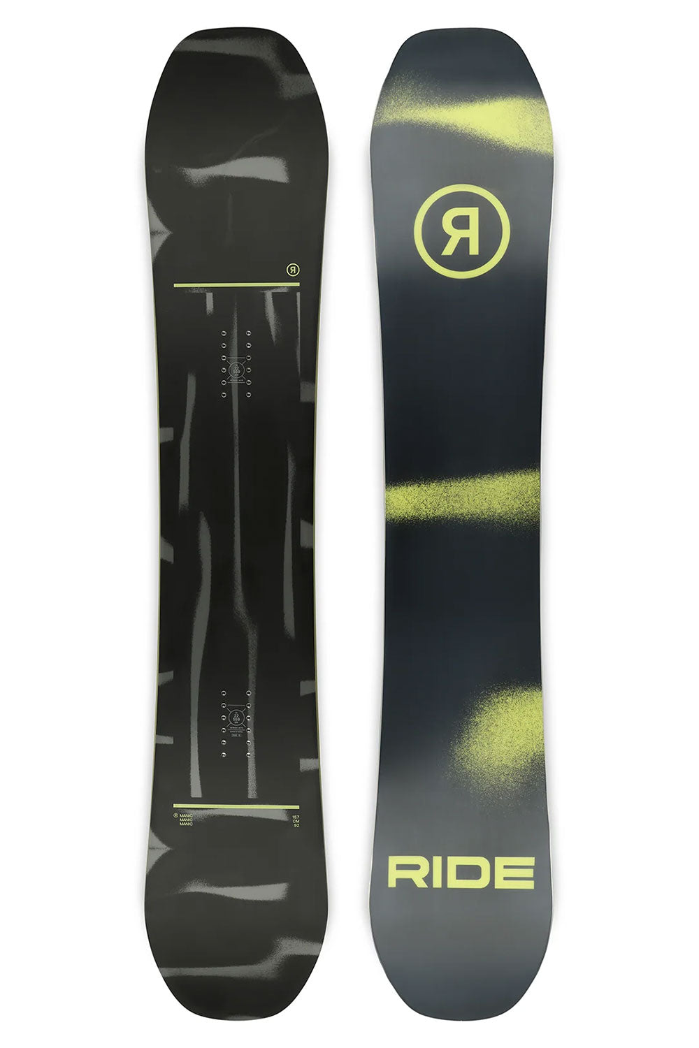 Black snowboard with yellow text and graphics on a white background