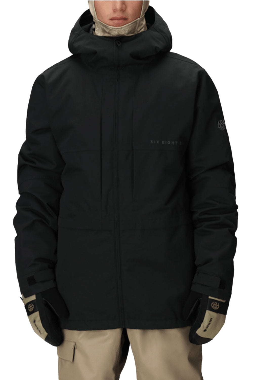 person wearing black snowboard jacket