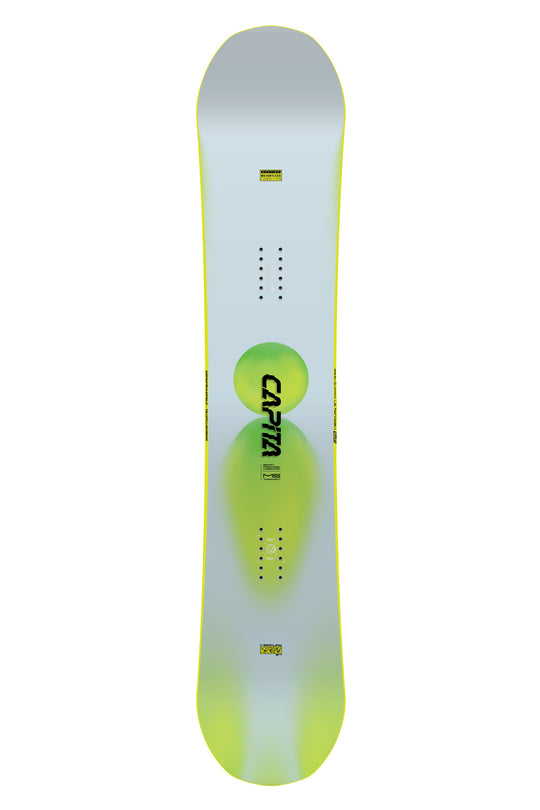 Snowboard with a gradient design and visible brand logo on a white background