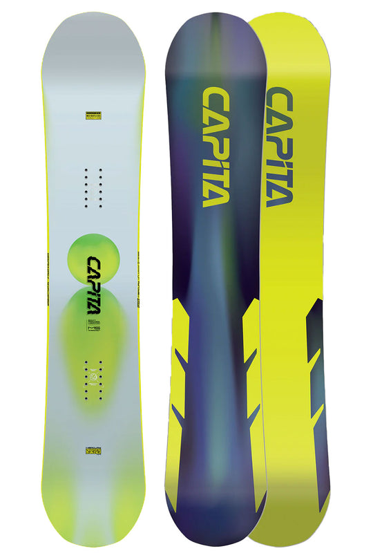 Two CAPiTA snowboards, one with a white and green design and the other with a blue and yellow design, on a white background.