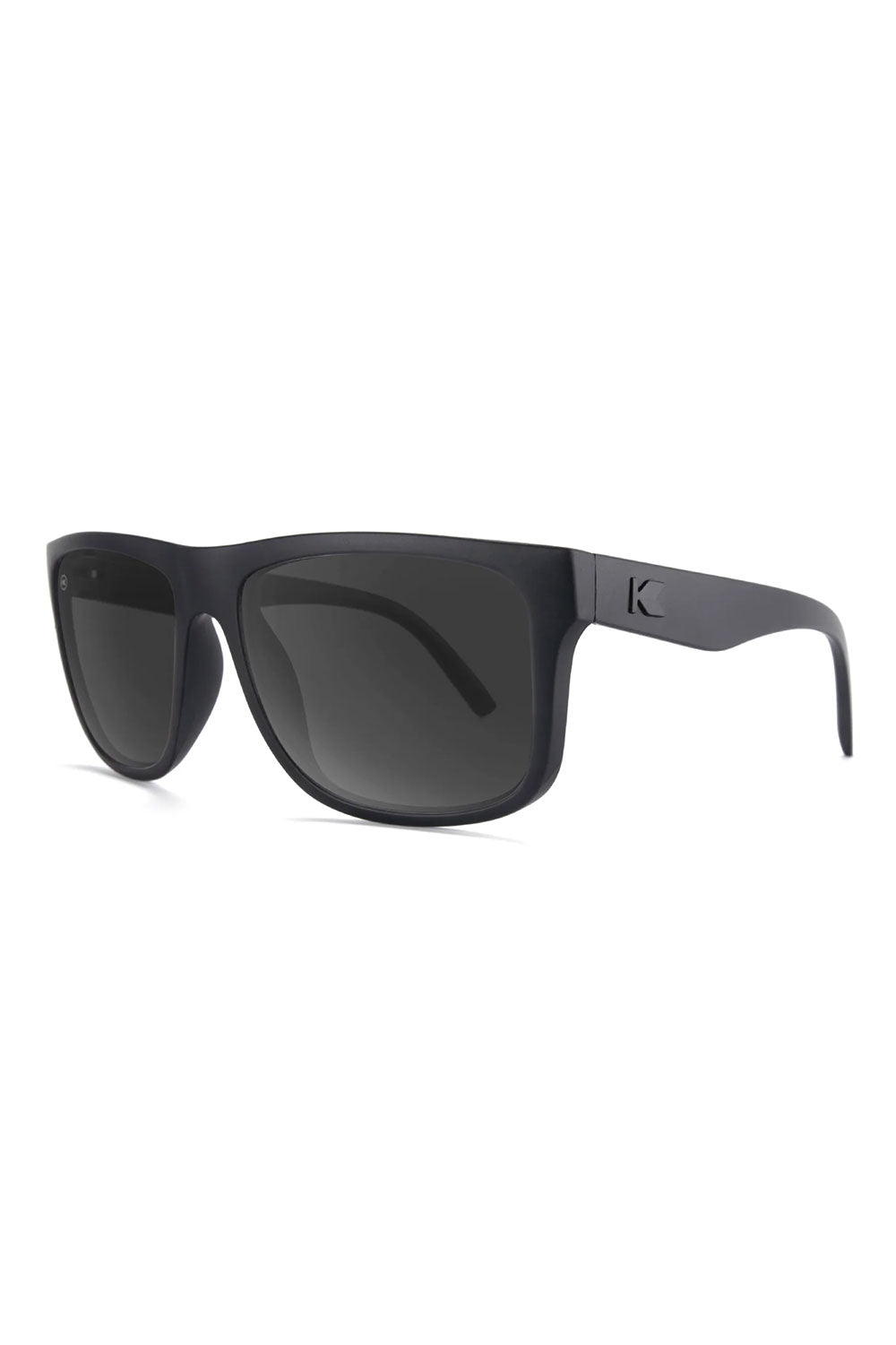 Black sunglasses with a brand logo on a white background