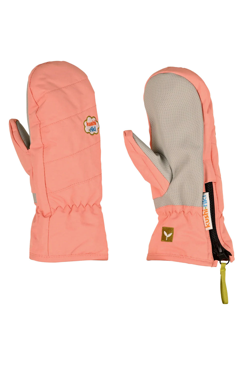 Pair of pink mittens with gray pam on a white background