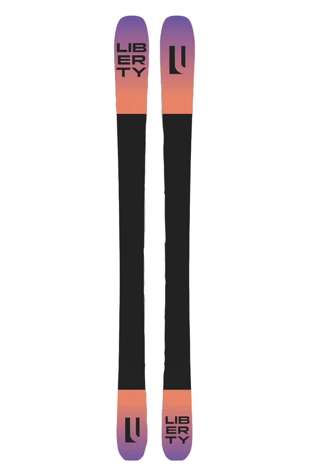 Two skis with a gradient color design and 'Liberty' branding on a white background.