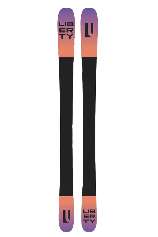 Two skis with a gradient color design and 'Liberty' branding on a white background.
