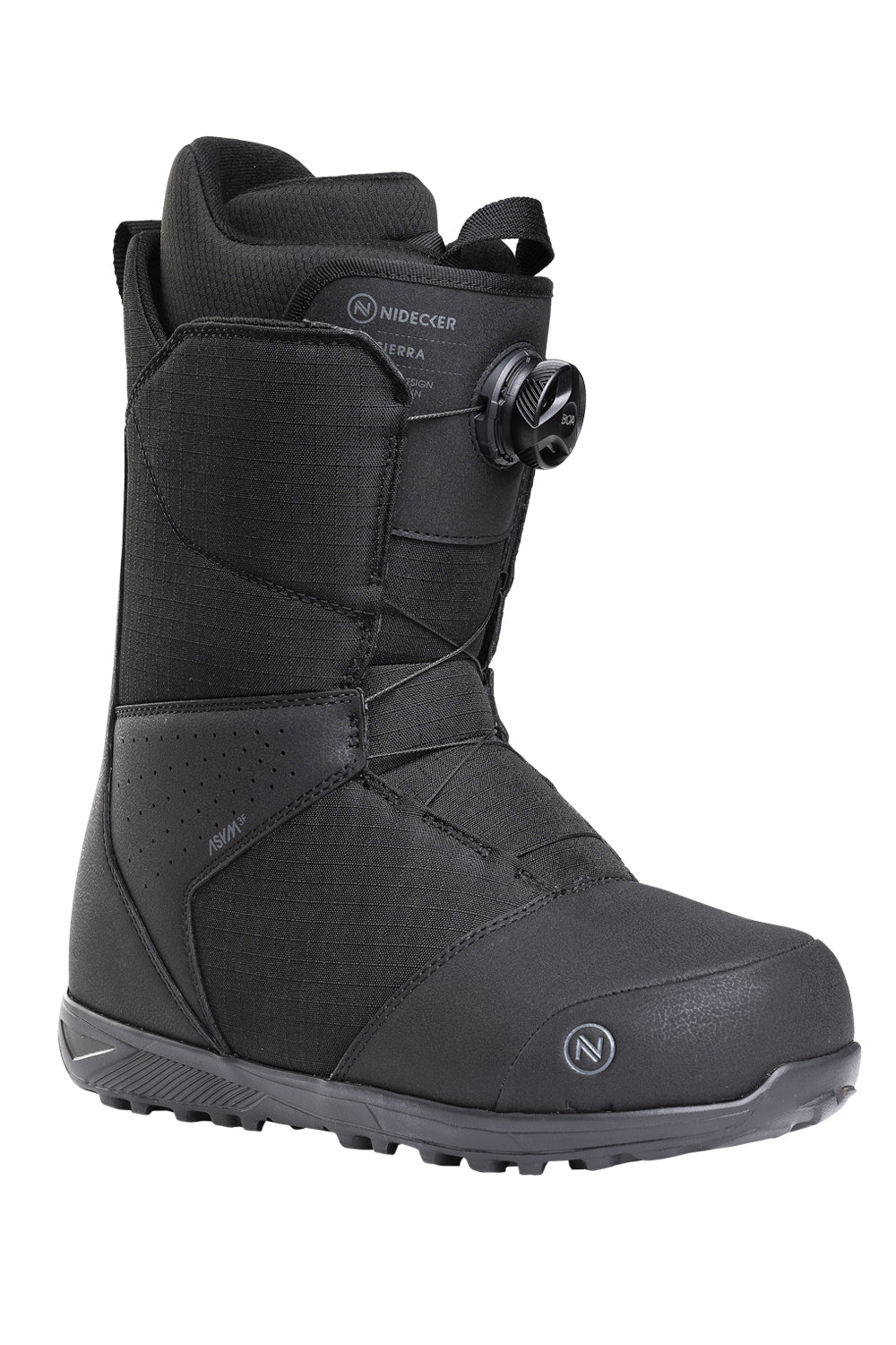 Black snowboard boot with Nidecker brand logo on a white background