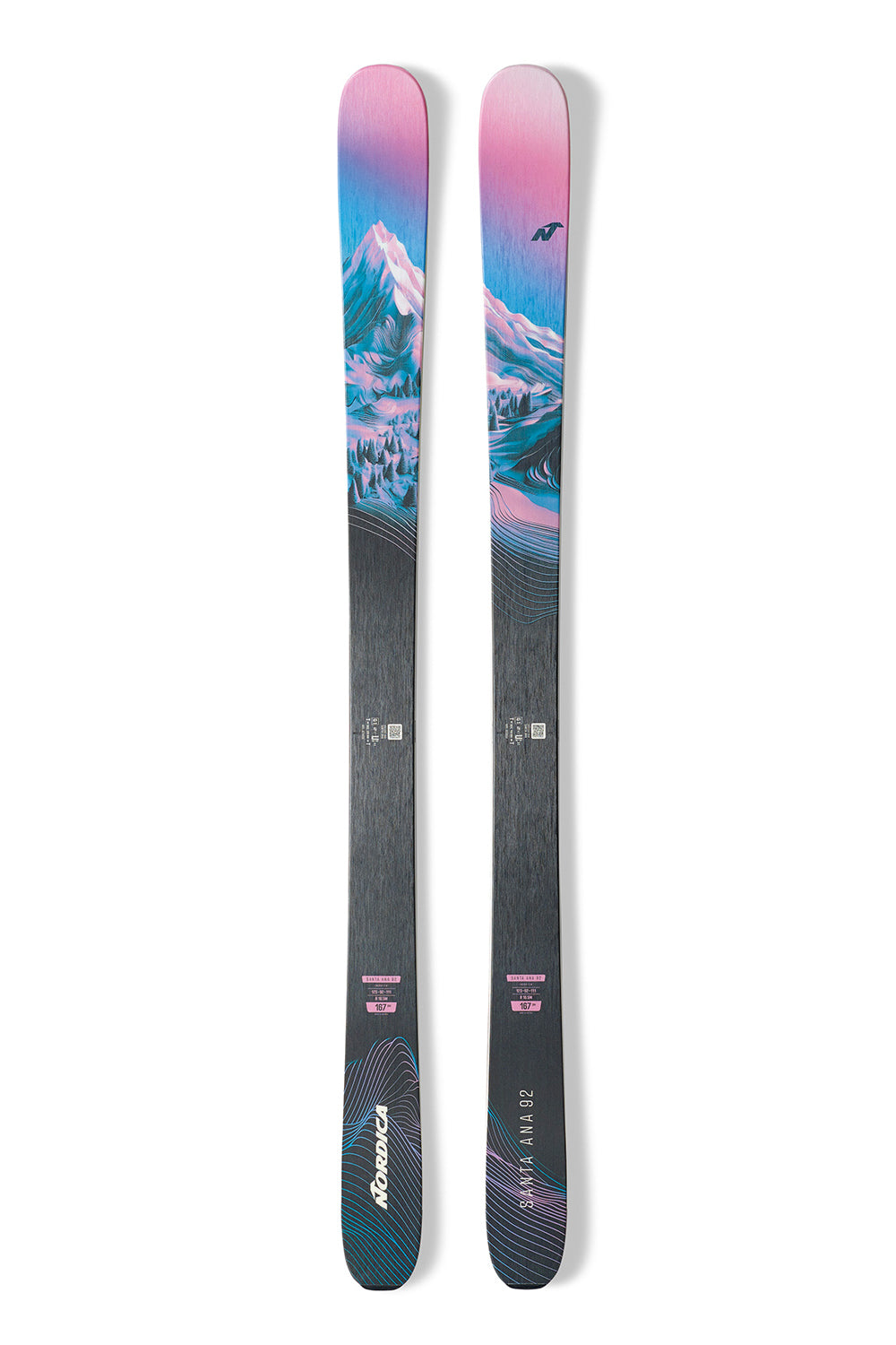 Nordica Santa Ana 92 skis with a mountain graphic on a white background