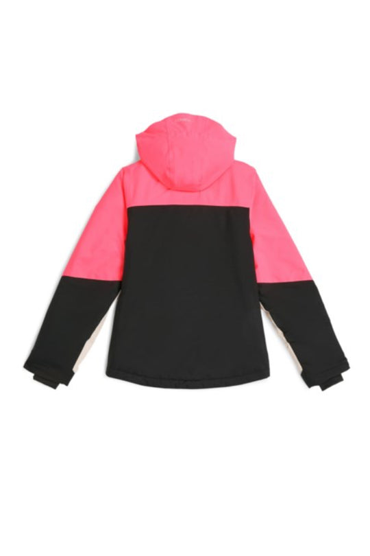 Pink and black jacket with a hood on a white background