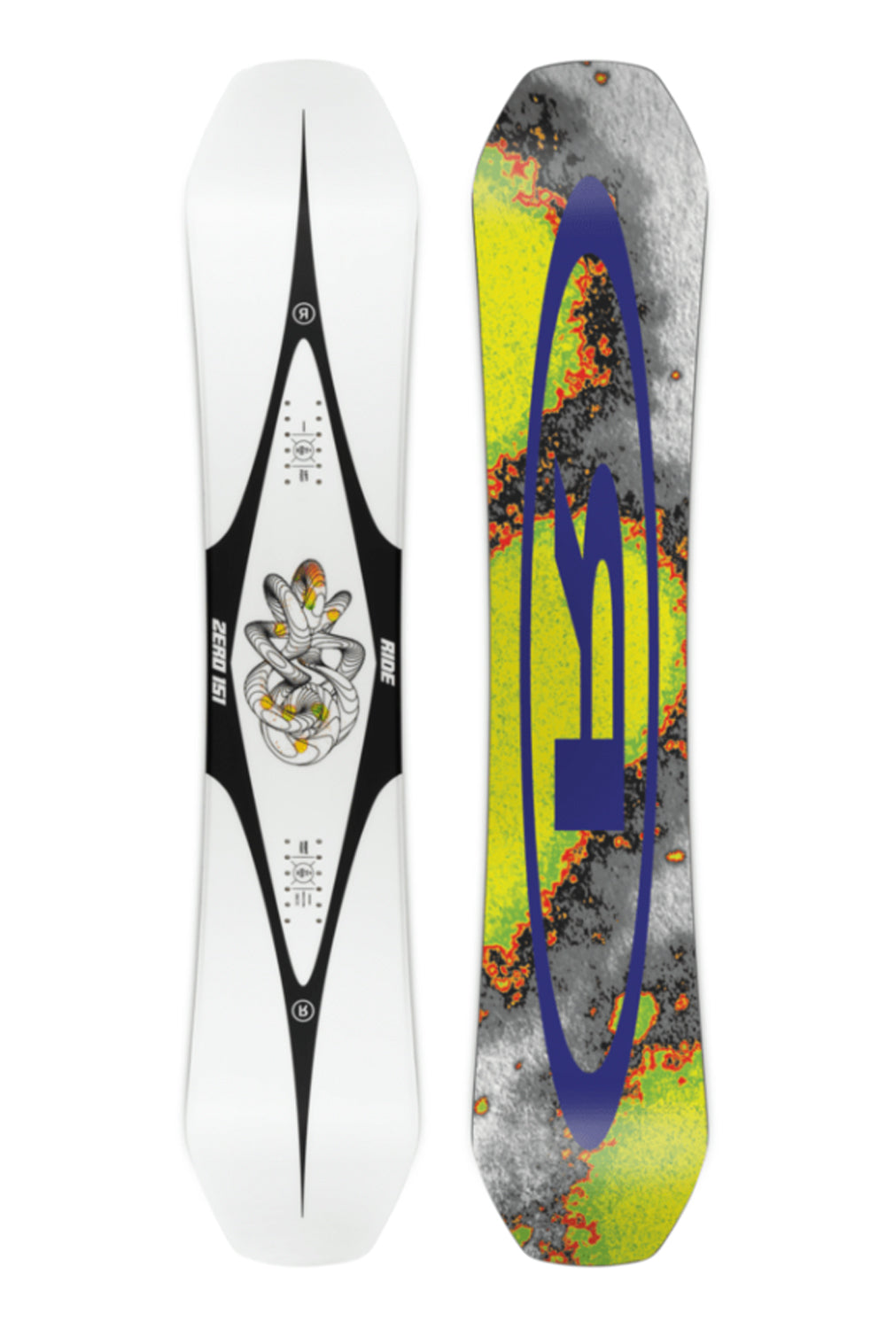 Unisex Ride Zero Snowboard, white and black with snake graphic on top, bold multicolor pattern on bottom