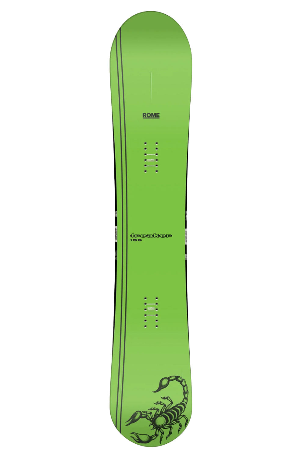 Green snowboard with a scorpion design on a white background