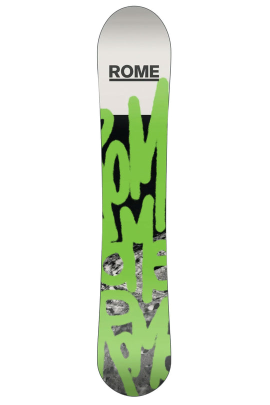 Snowboard with green and black design on a white background