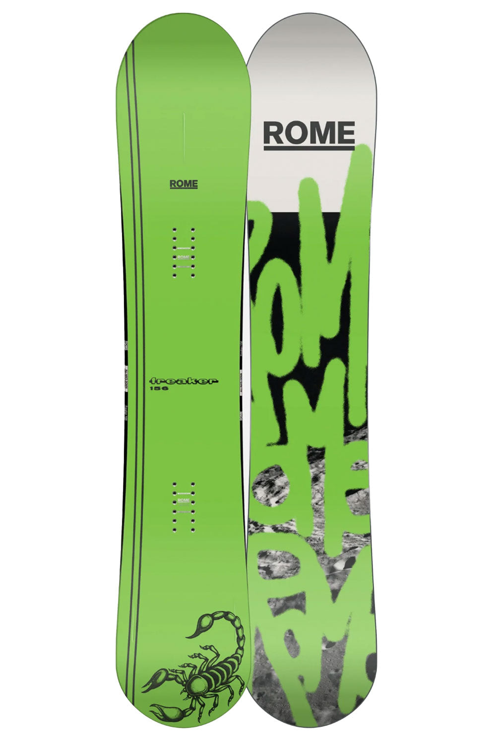 Green and gray snowboard with 'Rome' branding on a white background