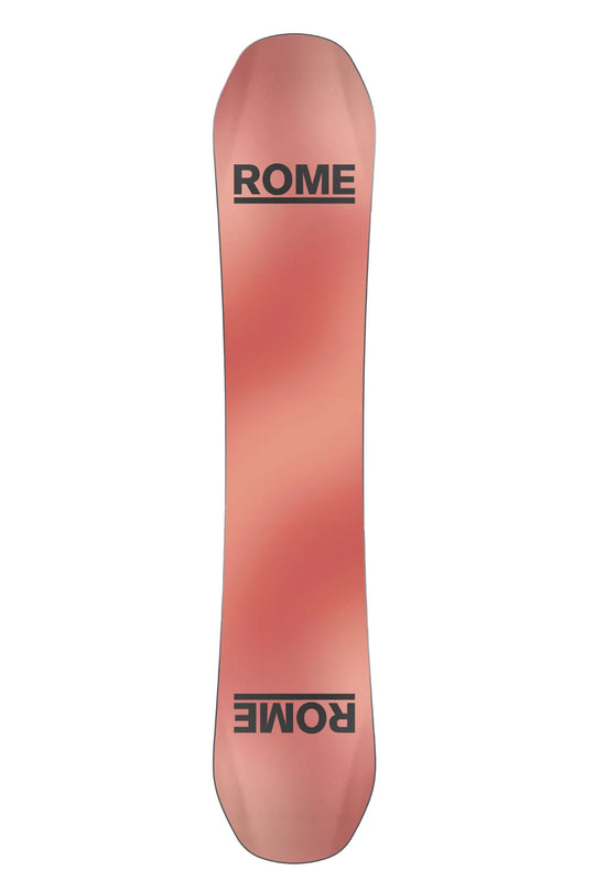 Pink snowboard with 'Rome' branding on a white background