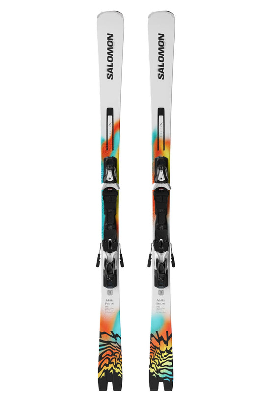 Pair of Salomon skis with colorful design on a white background