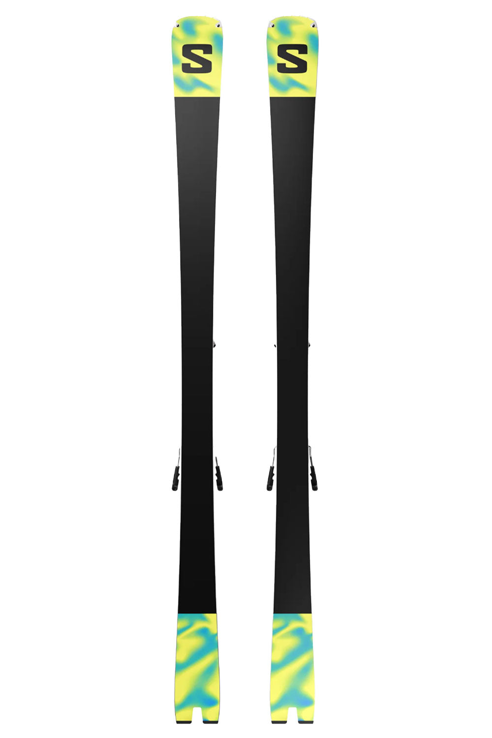 Pair of skis with colorful bindings on a white background