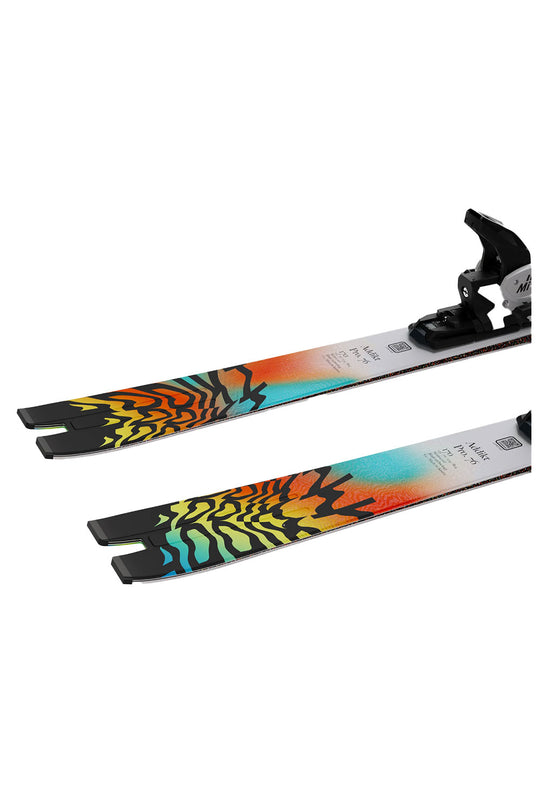 Colorful skis with a tiger stripe pattern on a white background
