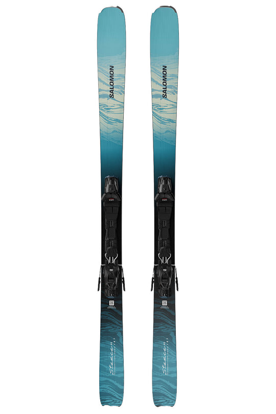 Pair of blue skis with black bindings on a white background