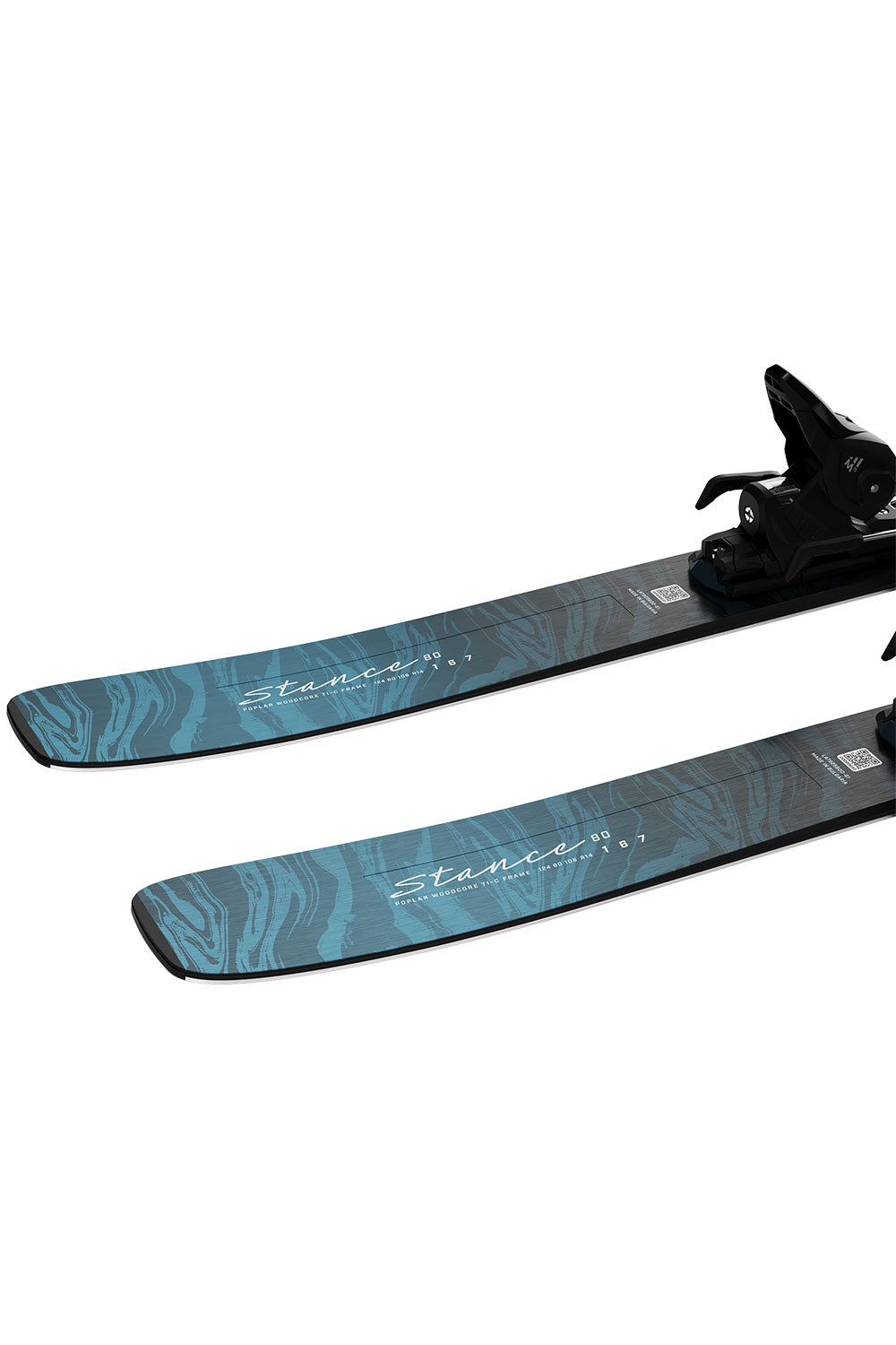 Pair of skis with blue design on a white background