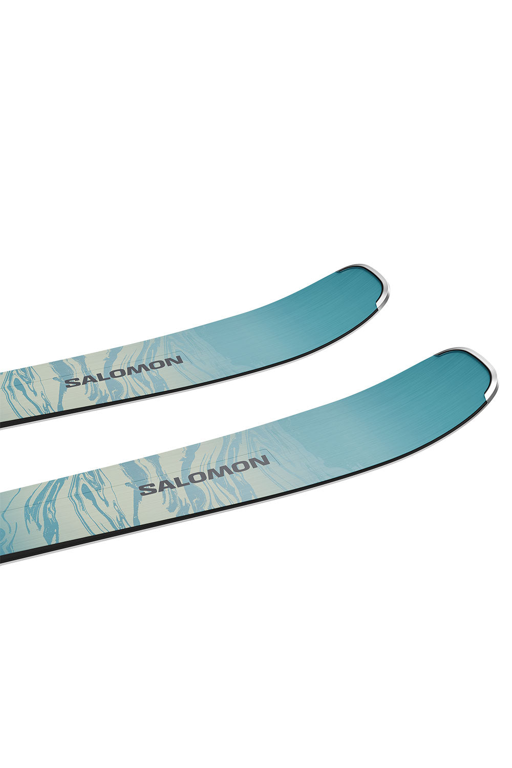 Two blue skis with a marbled pattern on a white background, featuring the Salomon brand.