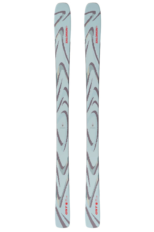 Two skis with a brand logo on a white background