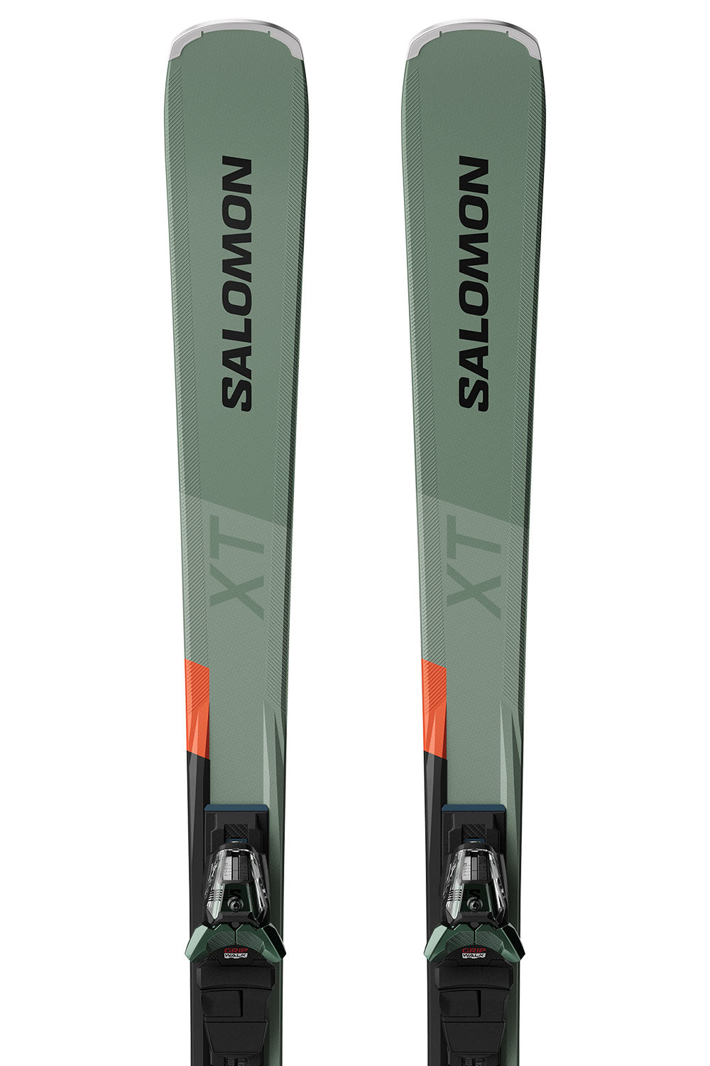 Pair of Salomon skis with green and black design on a white background