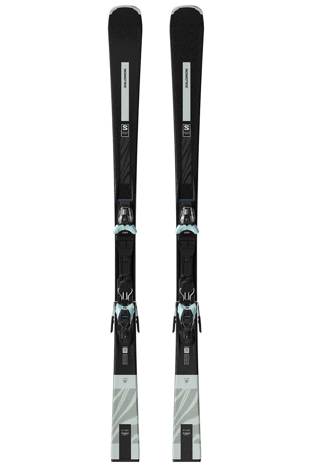 Pair of black skis with bindings on a white background