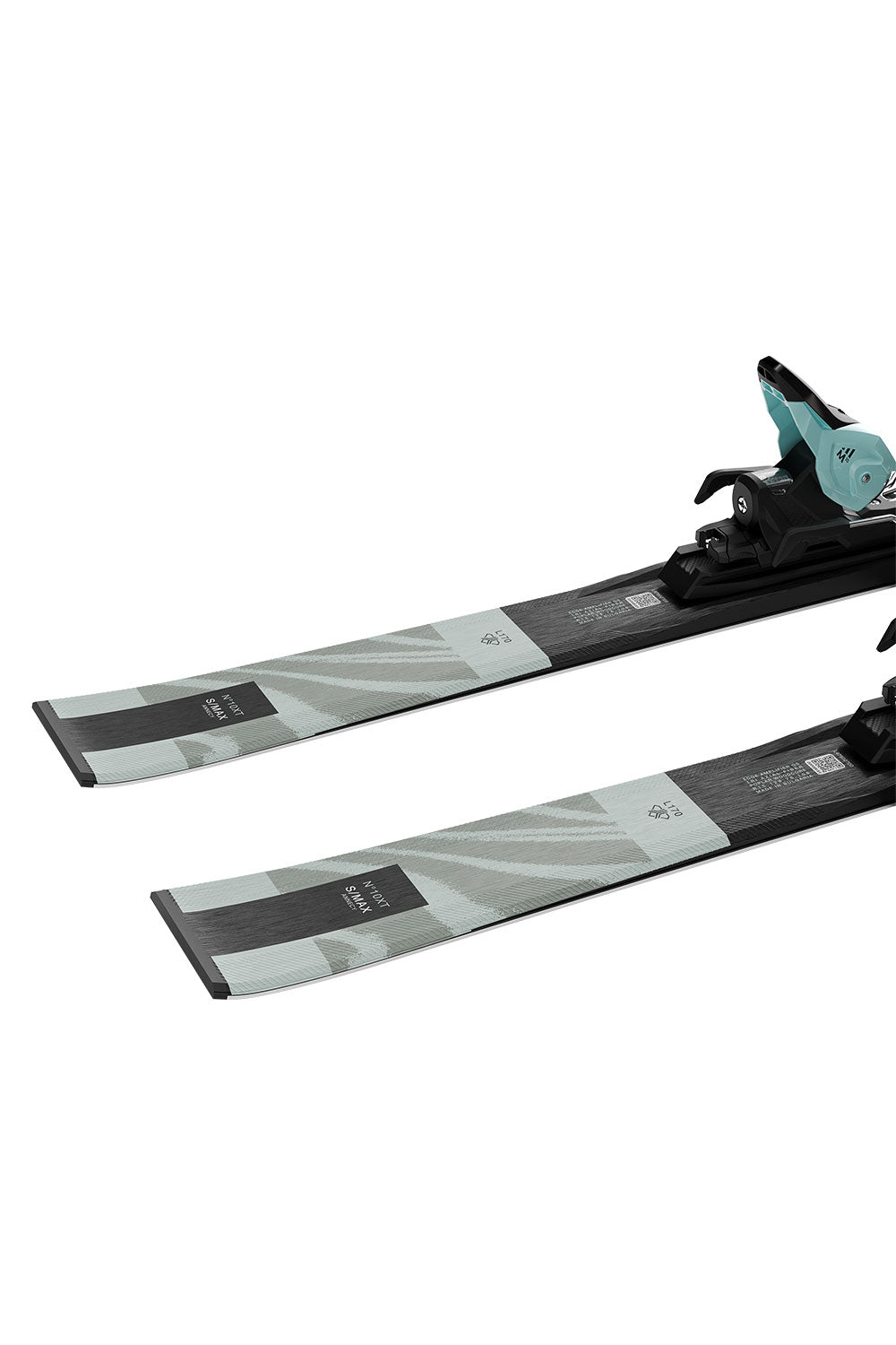Pair of skis with bindings on a white background