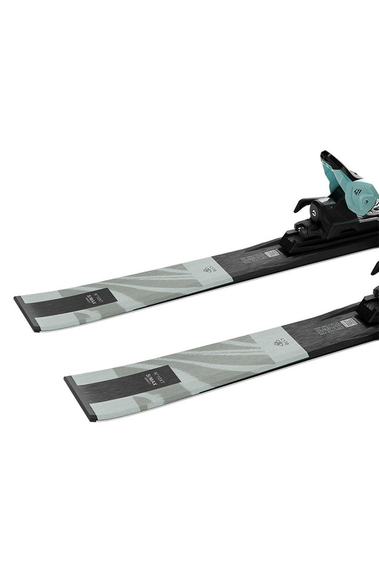 Pair of skis with bindings on a white background