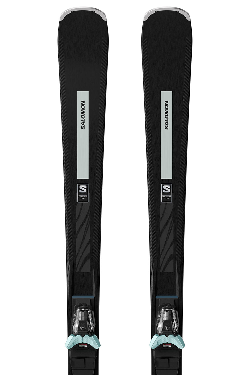 Pair of black skis with Salomon branding on a white background