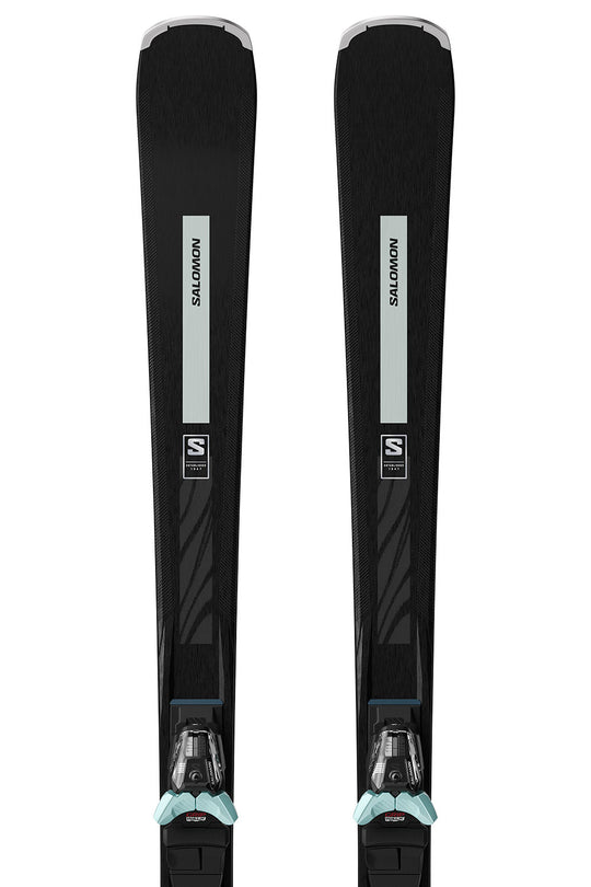Pair of black skis with Salomon branding on a white background