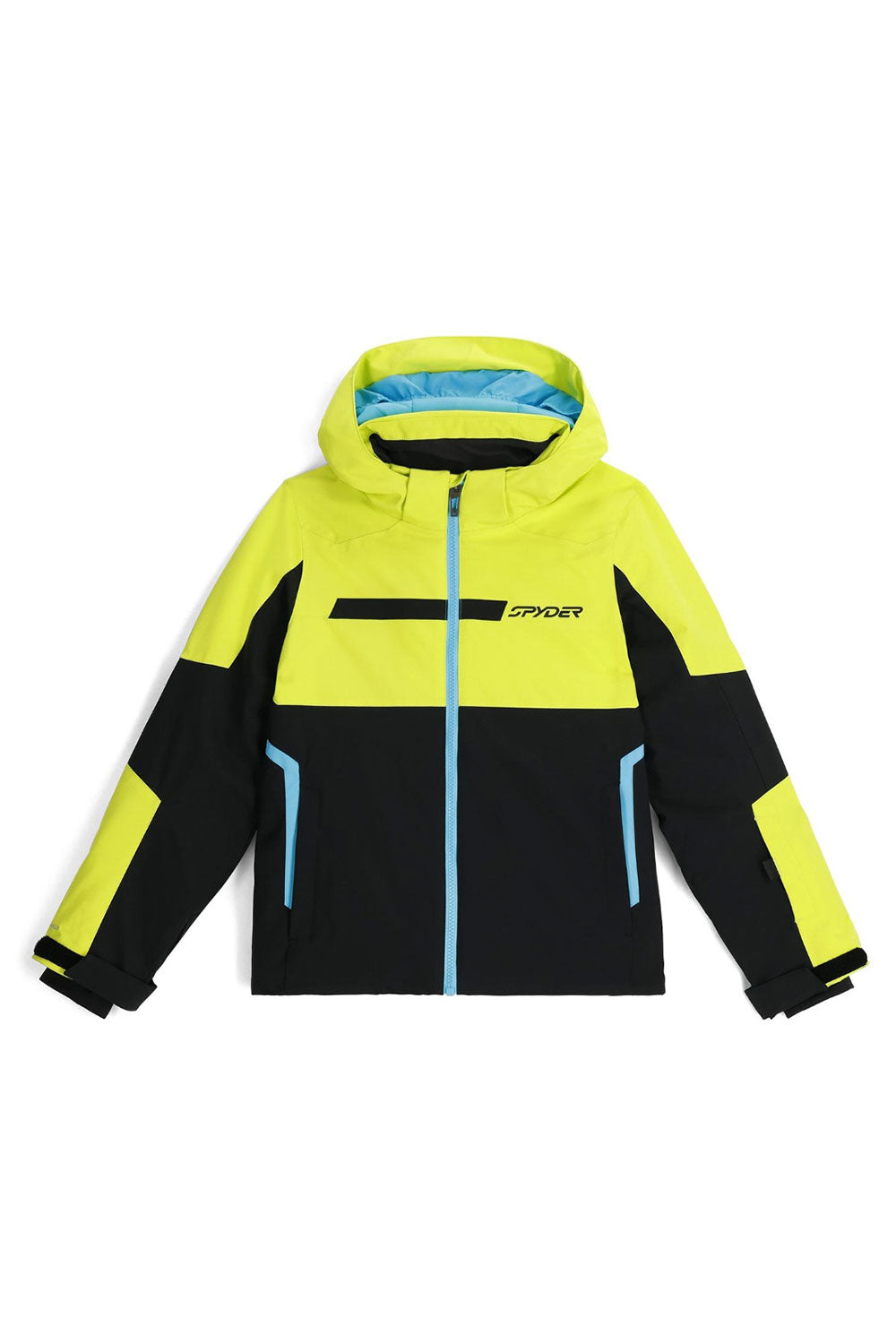 Yellow and black jacket with blue accents on a white background