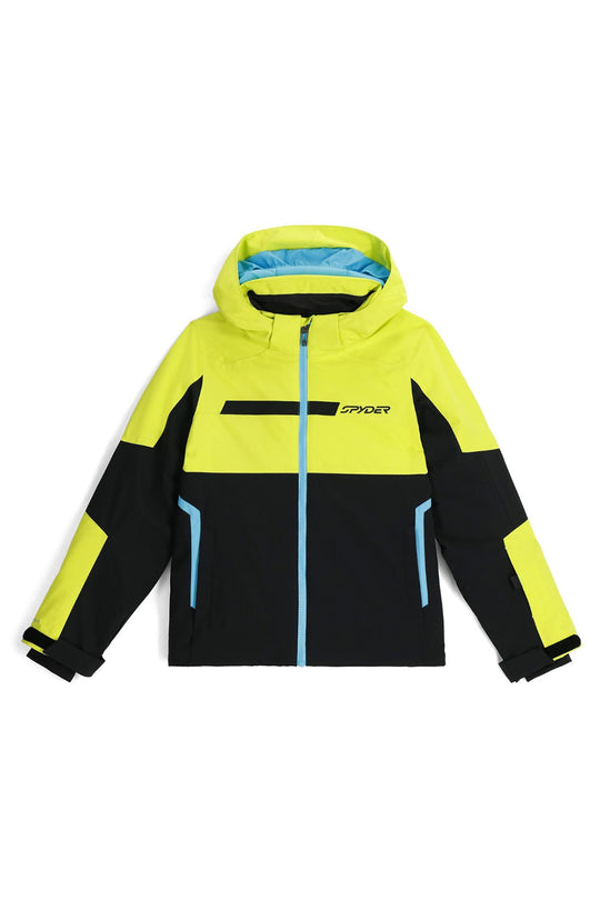 Yellow and black jacket with blue accents on a white background