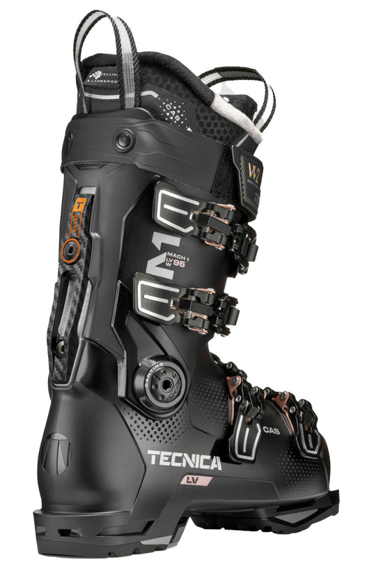 Black Tecnica ski boot on a white background