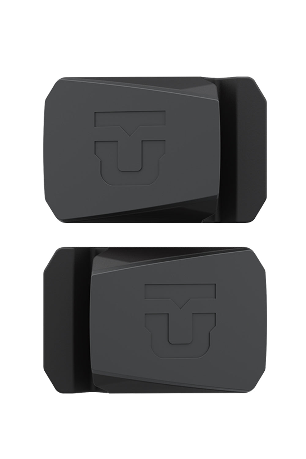 Two black rectangular objects with a logo on a white background