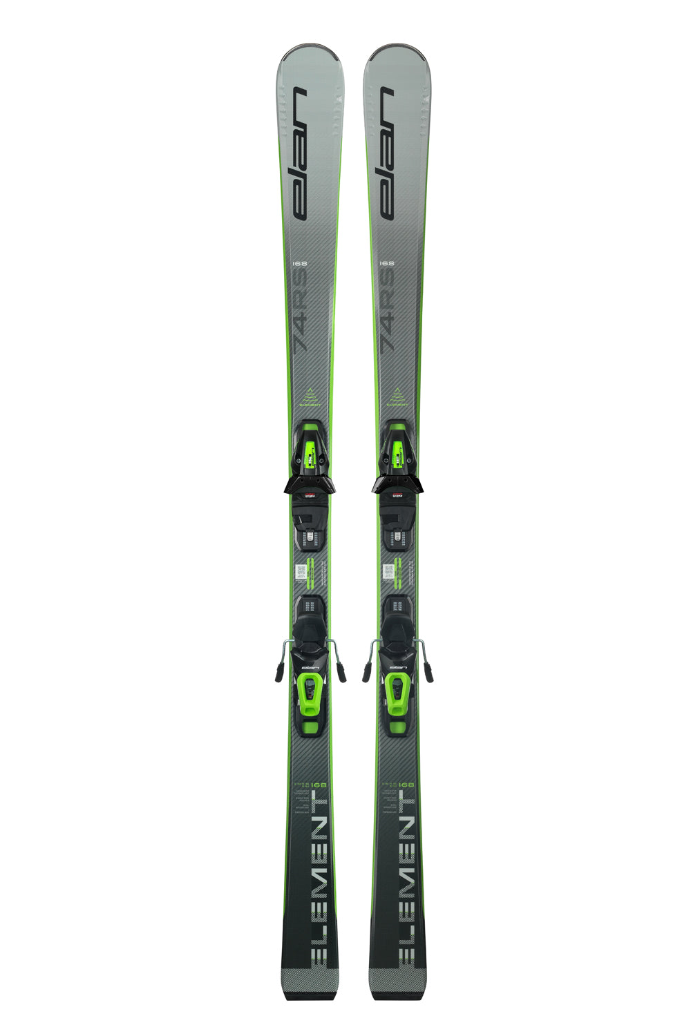 Elan Element 74 system skis with bindings, gray with black/lime green bindings