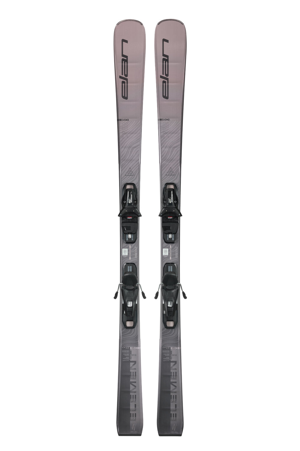 women's Elan Element 78 skis, light purple and gray with black bindings