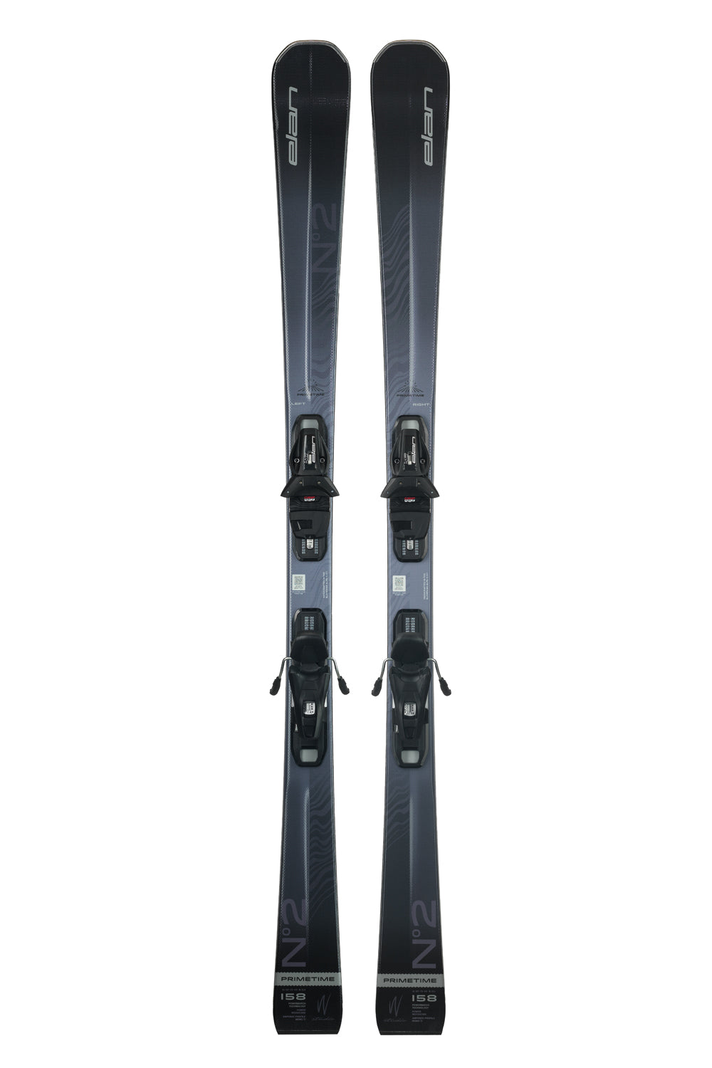 women's Elan Primetime N2 skis, black and gray with black bindings