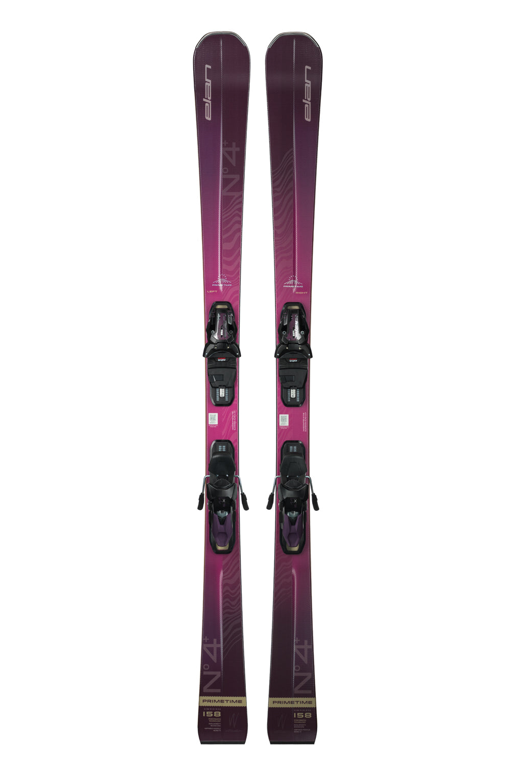 women's Elan Primetime N4 skis, pink and dark pink with black bindings