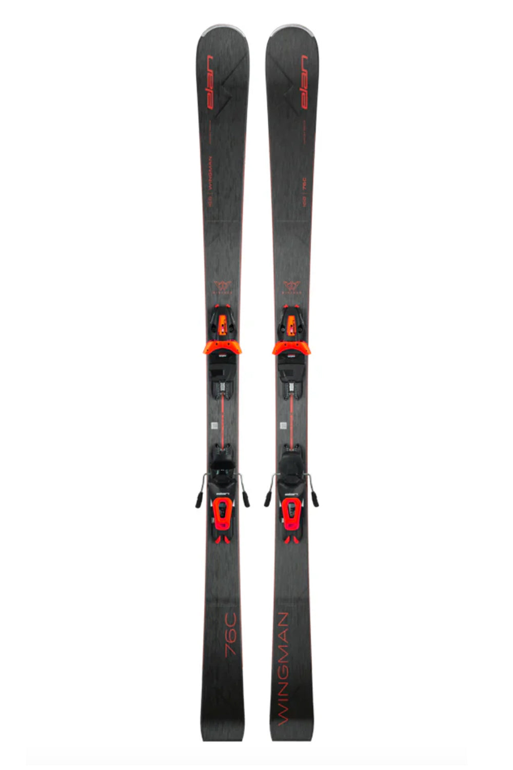 men's Elan Wingman 76 C skis with bindings. Black and gray skis. Black and red bindings.