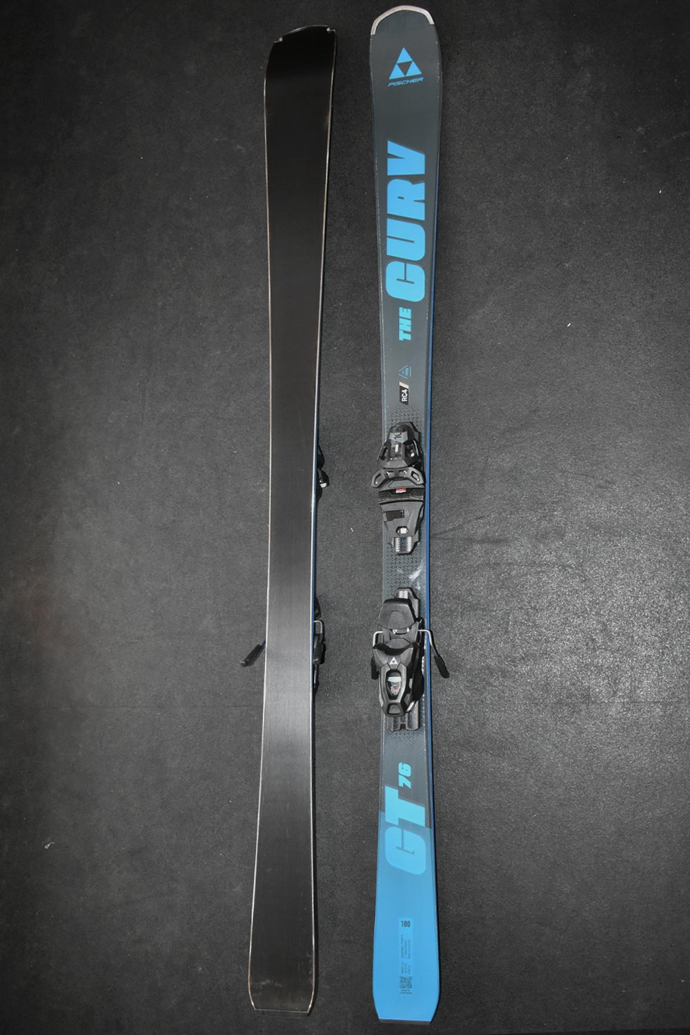 Fischer The Curv GT 76 demo skis, blue & black, with black bindings