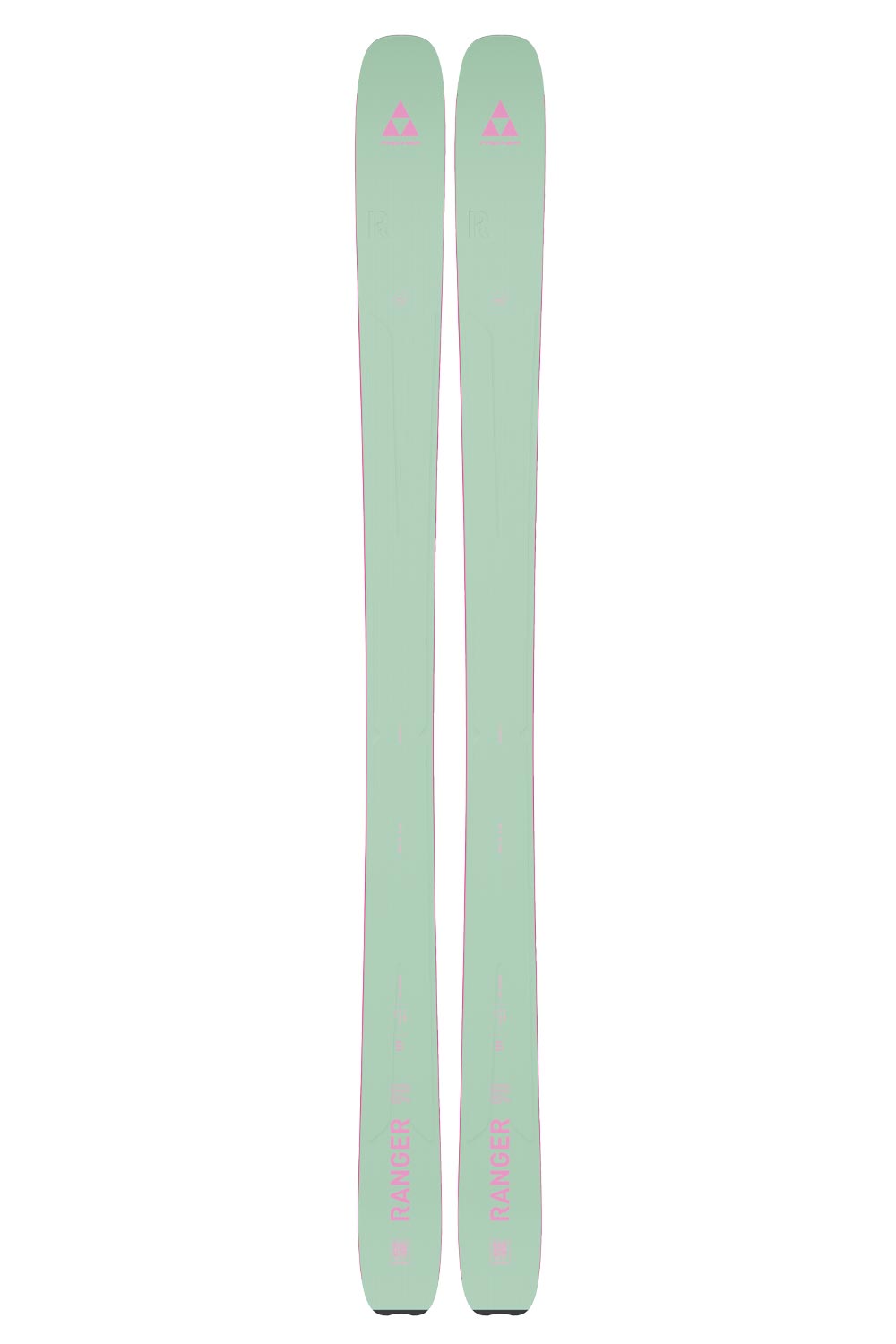 A pair of green Fischer Ranger 90 skis for women, featuring a light pink design and a logo at the tip.