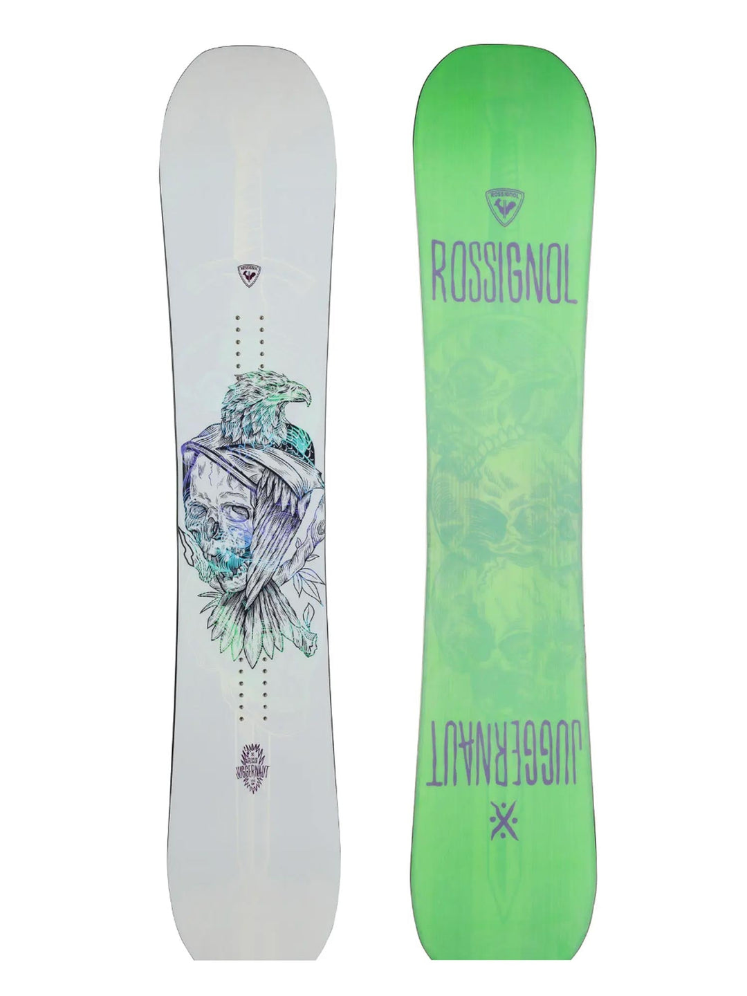 men's Rossignol Juggernaut snowboard, white with skull graphic. bright green on bottom.