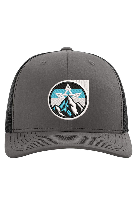 Gray cap with a mountain logo on a white background
