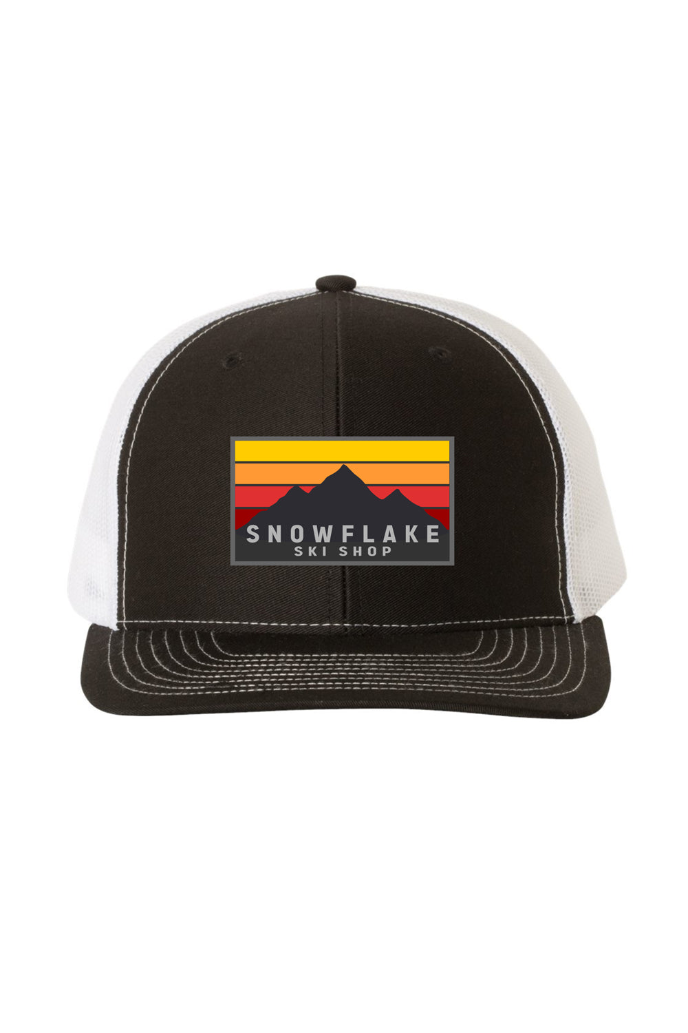 Snowflake Ski Shop trucker hat - mountain graphic - black front, white back