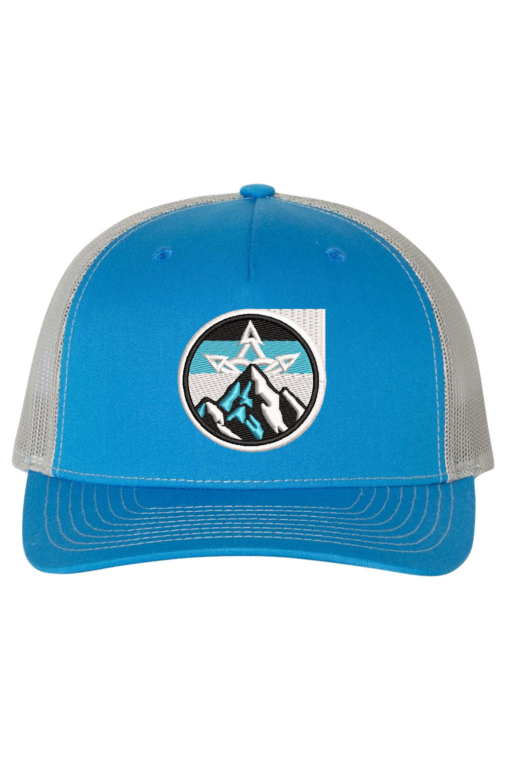 Blue and gray cap with mountain logo on a white background
