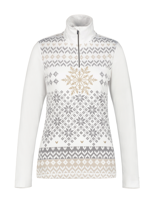 women's Luhta Hangist midlayer - white with argyle snowflake print.  1/4 zip