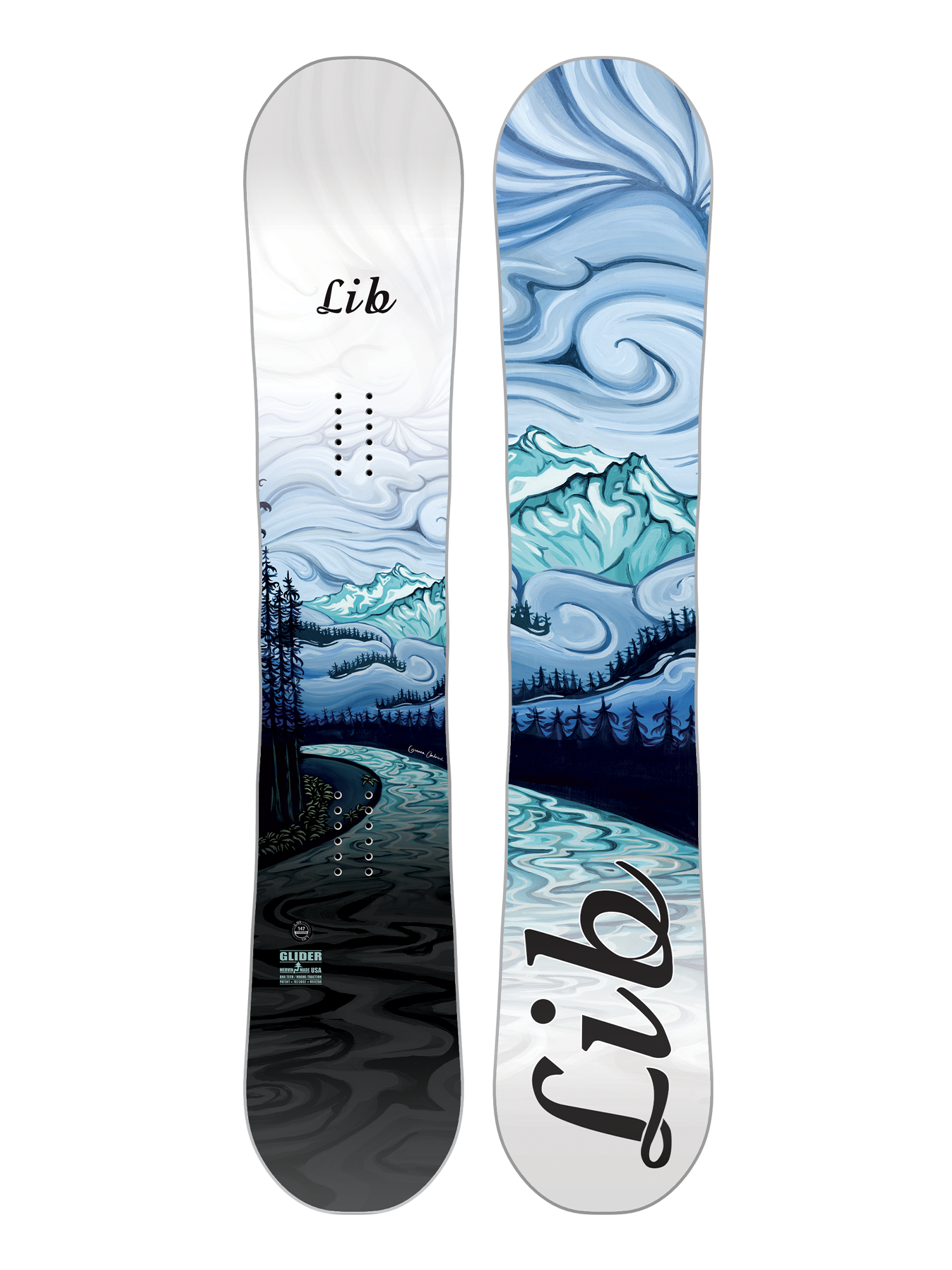 women's Lib Tech Glider snowboard,  mountain with river scene