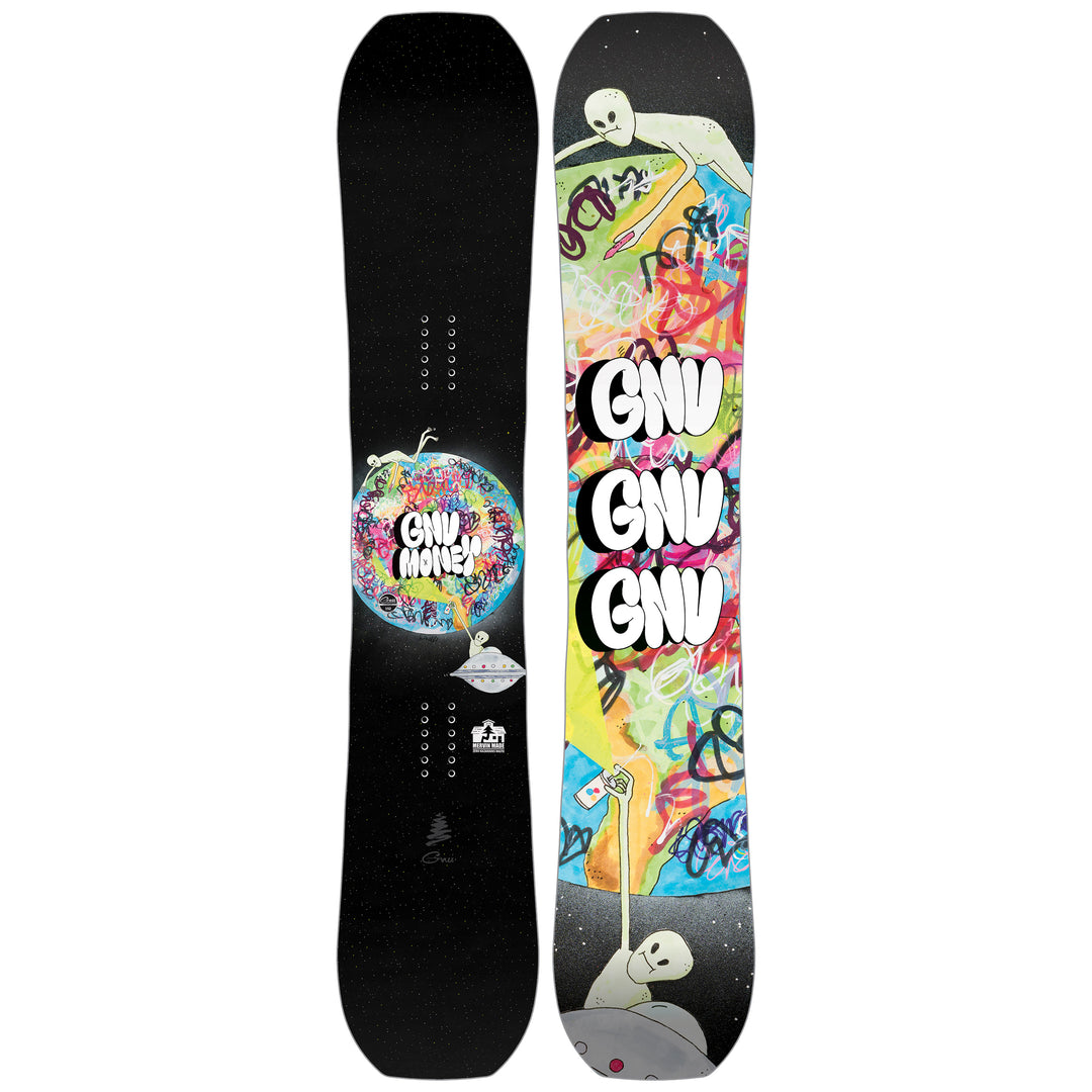 Gnu Mondy snowboard, black with earth grafitti graphic